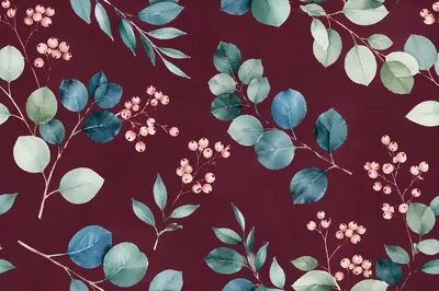 Seamless Burgundy Eucalyptus Watercolor Floral Pattern