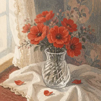 Romantic Red Orange Floral Vase Still Life