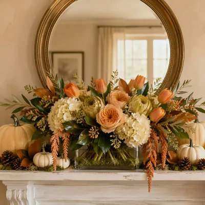 Autumn Flowers on Mantel with Antique Mirror