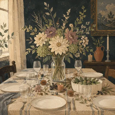 Moody Floral Dinner Table Arrangement