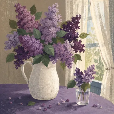 Spring Lilacs in White Ceramic Pitcher