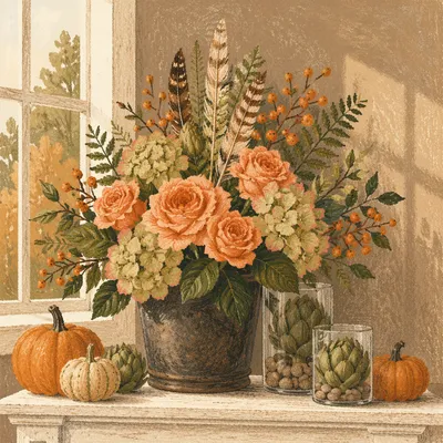 Autumn Harvest Flowers on White Mantel