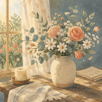 Peaceful Floral Vase by Morning Window