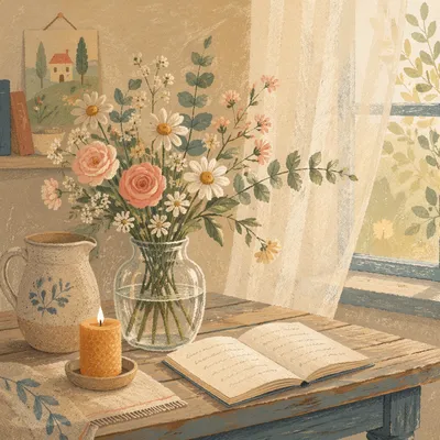 Sunlit Spring Flowers in Cottage Vase