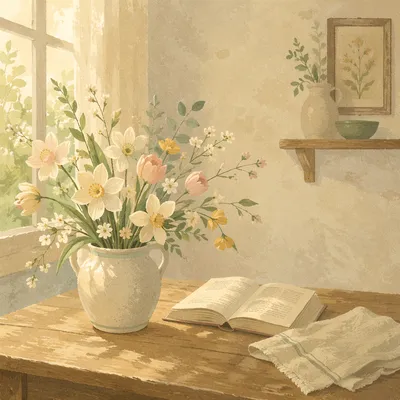 Spring Flower Arrangement on Wooden Table
