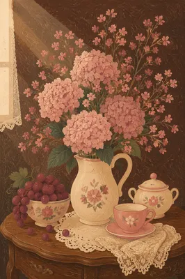 Romantic Flower Vase Still Life on Wooden Table