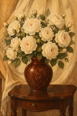 Creamy White Roses in Ceramic Vase