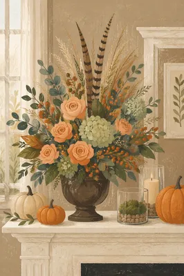 Autumn Floral Vase on White Mantel