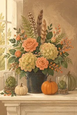 Autumn Floral Vase on White Mantel