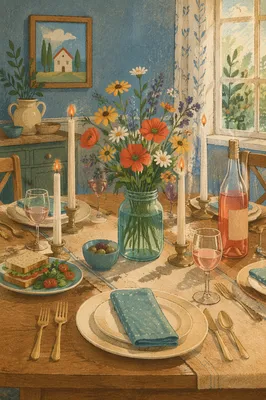 Fellowship Table with Teal Jar Bouquet