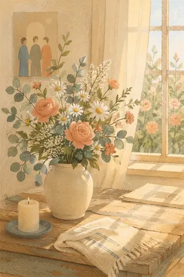 Peaceful Floral Vase by Morning Window