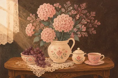 Romantic Hydrangea Still Life on Wooden Table