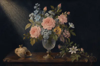 Classical Floral Vase on Dark Wooden Table