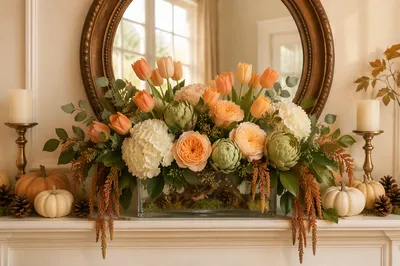 Autumn Flowers on Mantel with Antique Mirror