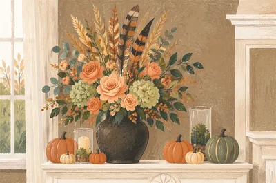 Autumn Floral Vase on Mantel Table