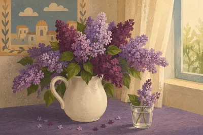 Spring Lilacs in White Pitcher Still Life