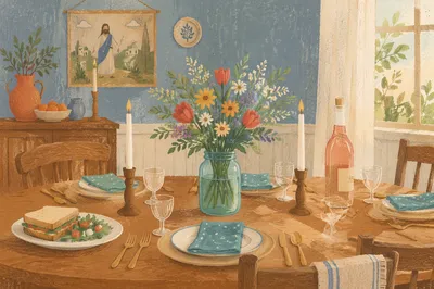 Fellowship Table with Teal Jar Flower Bouquet