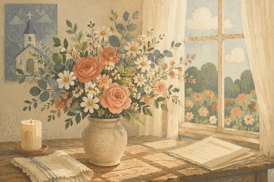 Peaceful Church Flower Arrangement by Morning Window
