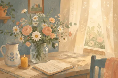 Sunlit Spring Flowers in Cottage Vase