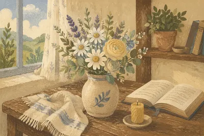 Spring Flower Arrangement on Wooden Table