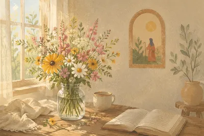 Morning Wildflowers in Glass Vase