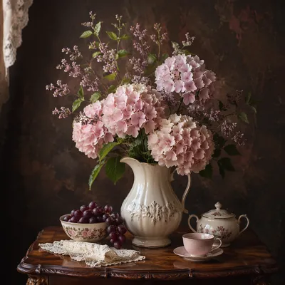 Romantic Hydrangea Still Life on Antique Table