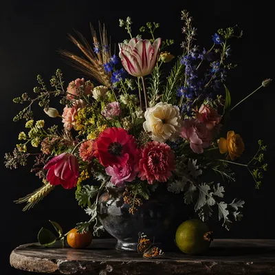 Old World Floral Still Life with Butterfly