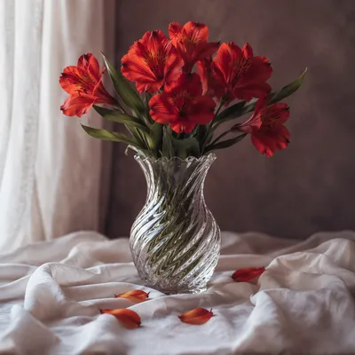 Romantic Red Orange Floral Vase Still Life