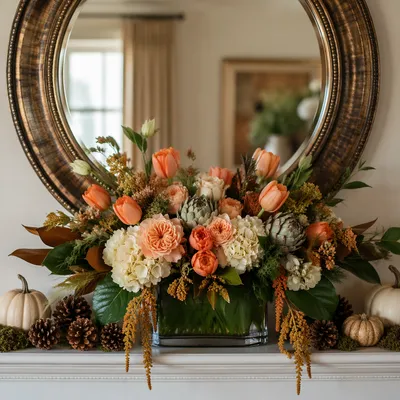 Autumn Floral Mantel Arrangement with Antique Mirror