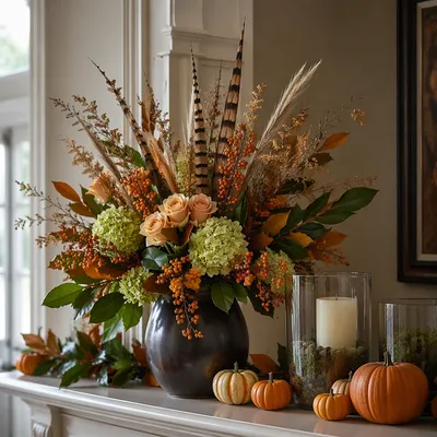 Autumn Floral Vase on White Mantel