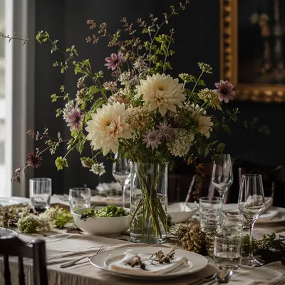 Elegant Floral Dinner Table Still Life