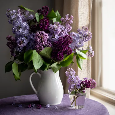 Spring Lilacs in White Ceramic Pitcher