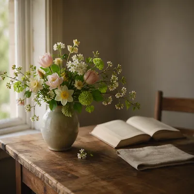 Spring Flower Arrangement on Wooden Table