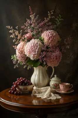 Romantic Floral Still Life on Antique Table