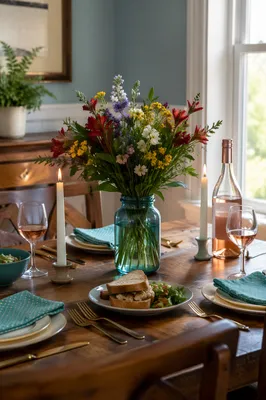 Fellowship Table With Teal Jar Bouquet