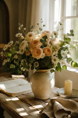 Peaceful Church Flower Arrangement on Wooden Table
