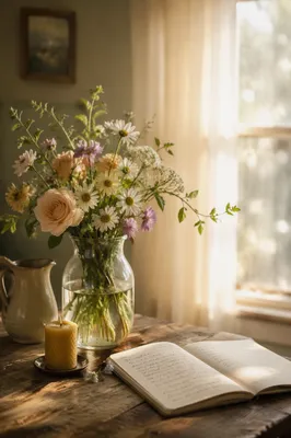 Sunlit Spring Flowers in Cottage Vase