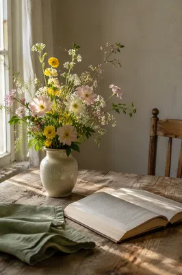 Spring Flower Arrangement on Wooden Table