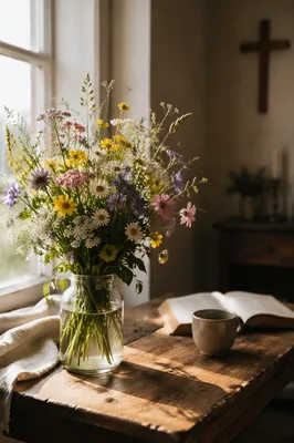 Wildflower Arrangement in Glass Vase by Window