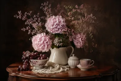 Romantic Hydrangea Still Life on Wooden Table