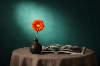 Orange Gerbera Still Life on Taupe Table