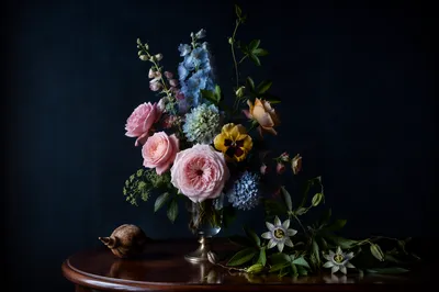 Classical Floral Still Life in Glass Vase
