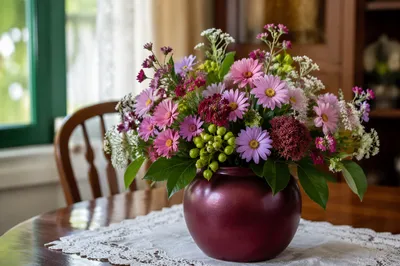 Lush Flower Arrangement on Dining Table