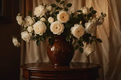 Creamy White Roses in Ceramic Vase