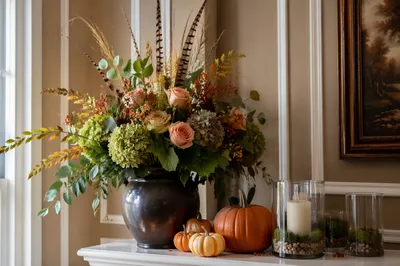 Autumn Floral Vase on Elegant Mantel