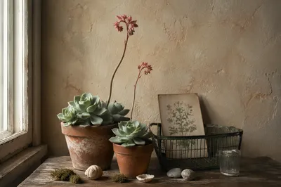 Peaceful Succulent Flower Arrangement on Wooden Table