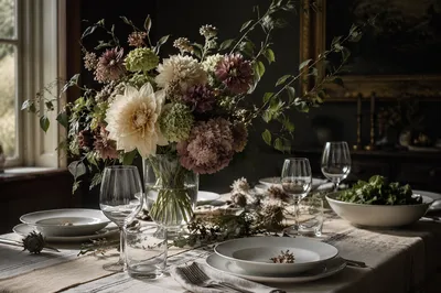 Elegant Floral Dinner Table Still Life