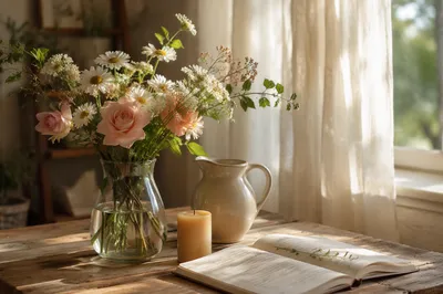 Sunlit Spring Flowers in Cottage Vase