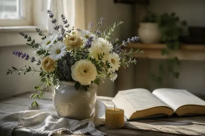 Spring Flower Arrangement on Wooden Table