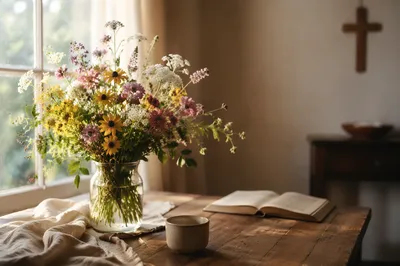 Morning Wildflowers in Glass Vase